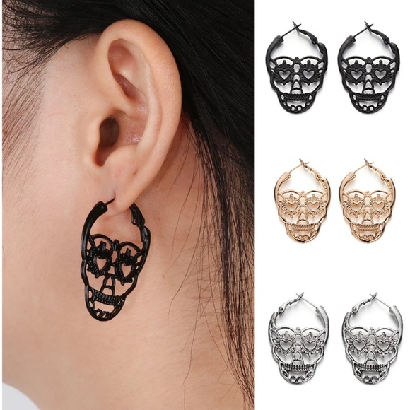 Silver Punk Rock Skull Earrings - Picture 3 of 6